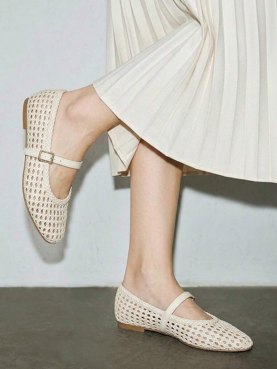 ADAMUMU Oversized Women's Fashion Handmade PU Woven High-End Mary Jane Ballet Shoes With Single Strap And Metal Buckle, Breathable Woven Design, Comfortable Flat Shoes For Daily Commute / Vacation Casual Wear, Ballet Core - Image 22