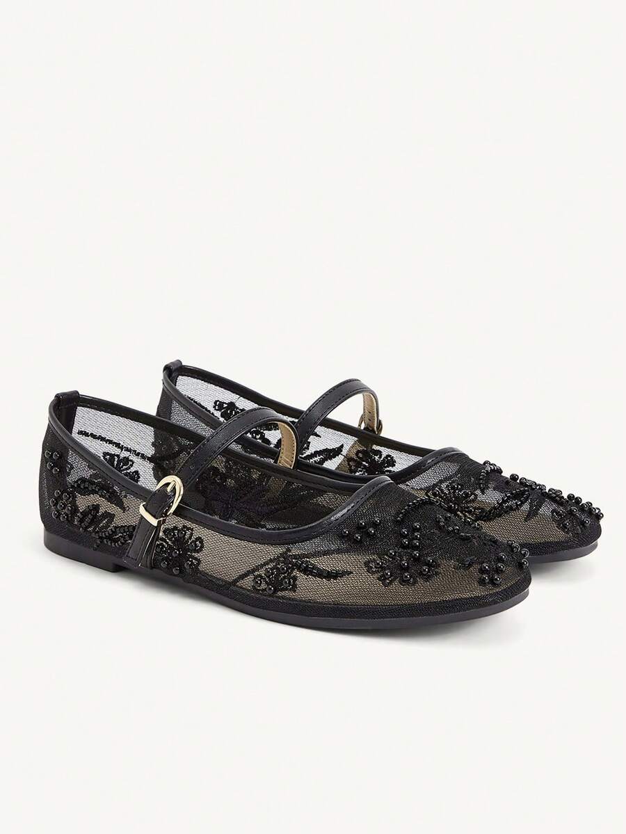 2025 Autumn Women's Round Toe Mesh Ballet Flats, Embroidered Floral & Pearl Decor Design, Elegant Minimalist Breathable Retro Mary Jane Slip-On Style - Image 27