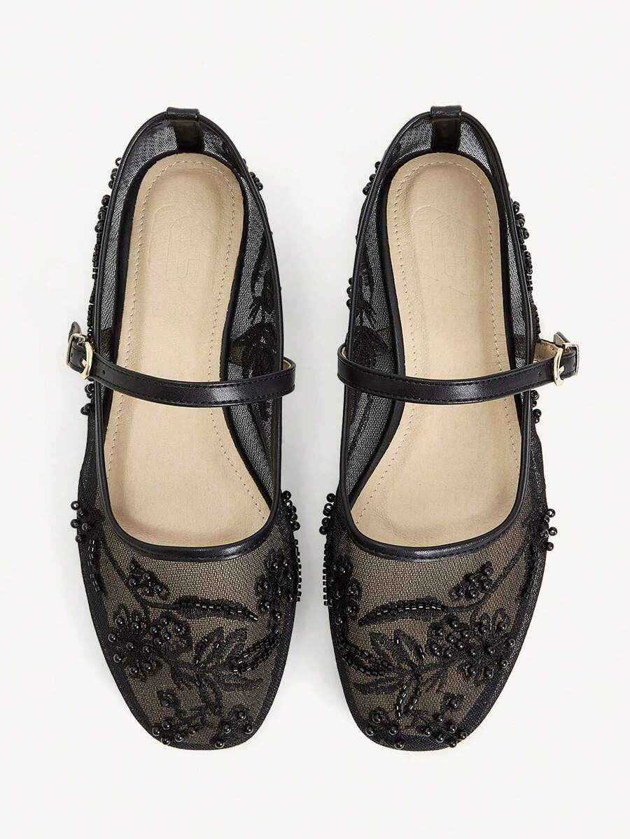 2025 Autumn Women's Round Toe Mesh Ballet Flats, Embroidered Floral & Pearl Decor Design, Elegant Minimalist Breathable Retro Mary Jane Slip-On Style - Image 26