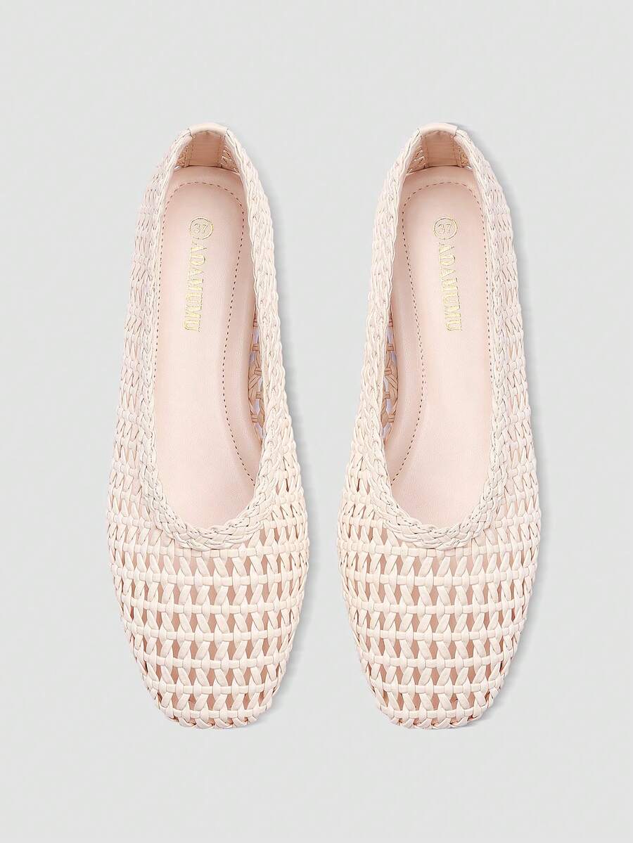 ADAMUMU Plus Size New Handmade PU Material Woven Shallow Flat Ballet Shoes For Women, Woven Texture Design, Vintage Luxury, Daily Commute Elegant Versatile Comfortable Women's Shoes - Image 1